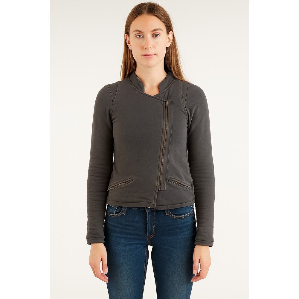 Vanessa Bruno Cotton Long Sleeve Fleece Lined Full Zip Moto Jackets Dark Grey 1